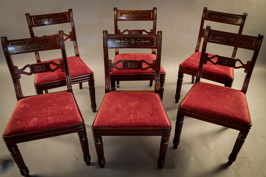 Fine Set of 6 Regency Brass Inlaid Dining Chairs