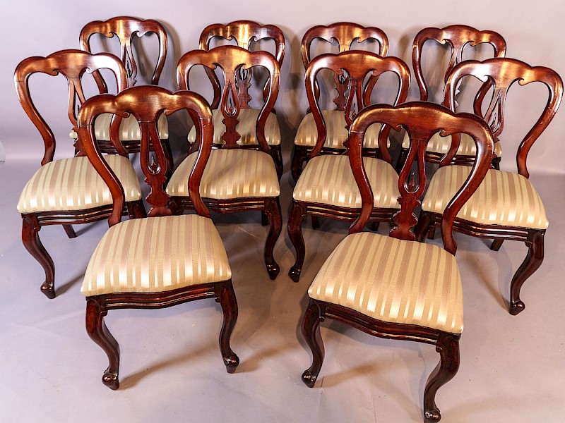 A Set of 10 Victorian Spear Point Balloon Back Dining Chairs