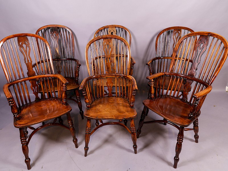 A Near Matching Set of 6 Yew Tree Windsor Chairs High back