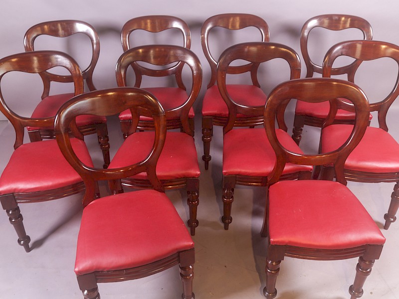 Set of 10 Victorian Mahogany Balloon Back Dining Chairs c 1860