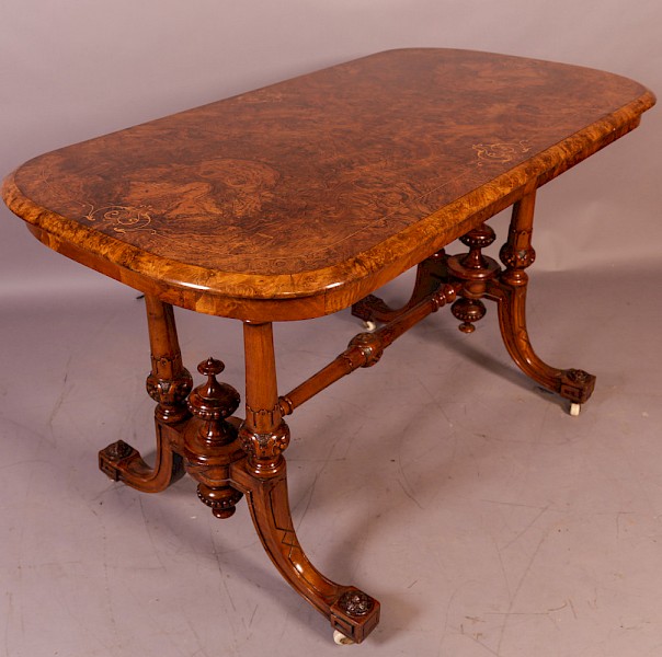 Quality Victorian Stretcher Table in Burr Walnut