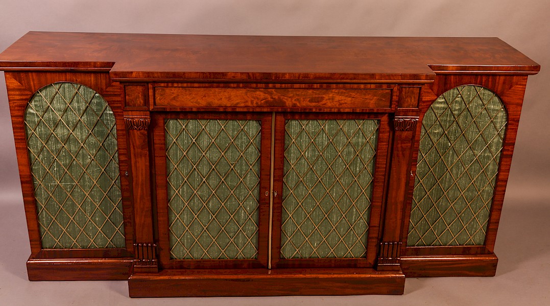 19th century 4 door breakfront pier cabinet brass grills silk