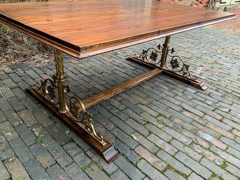 Unusual Dining Table Gothic brass supports Pine Top