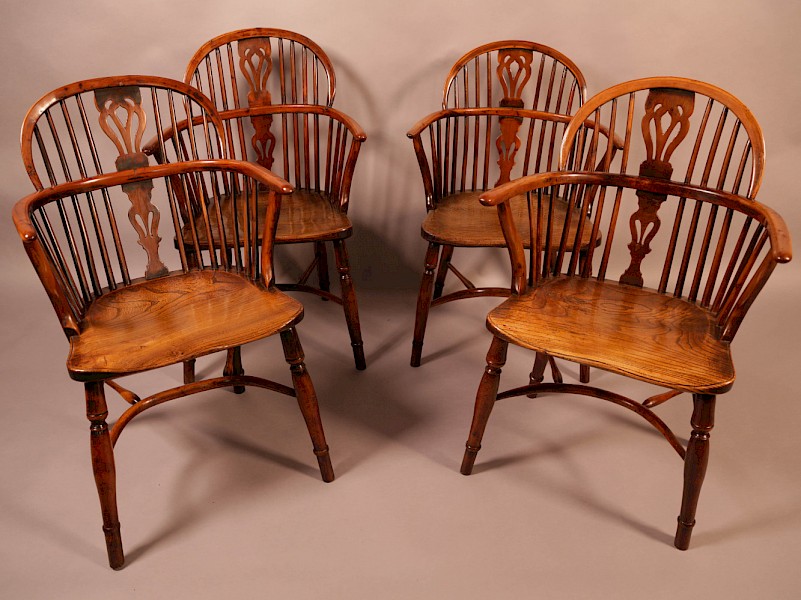 A Rare set of 4 Yew Wood Windsor Chairs Wheatland Retford