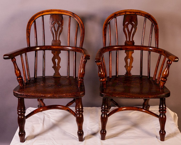 A Near Pair of Childs Yew Wood Windsor chairs